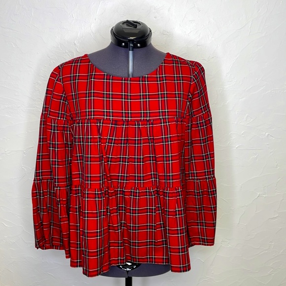 Madewell Red Plaid Tiered Button Back Top - Picture 3 of 11